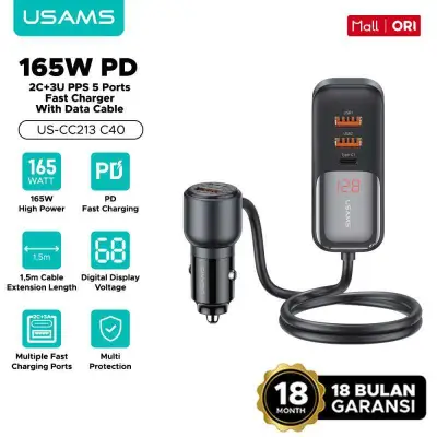 USAMS 165W 2C+3U PPS 5 Ports Digital Display Fast Car Charger With Cable