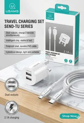 Usams Send-Tu Series Travel Charging Set 2.1A UK Plug