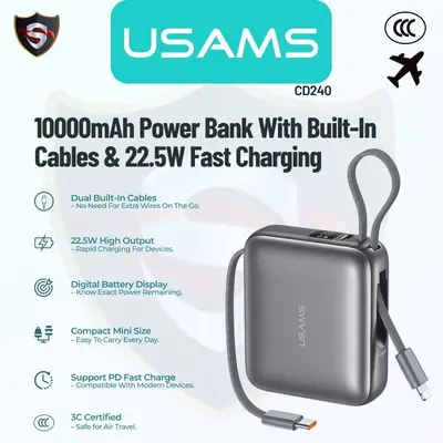 USAMS Built-in Cable Fast Charging Power Bank 10000mAh