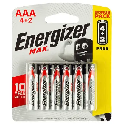 Energizer Max Alkaline AAA Batteries, 4+2 Pieces