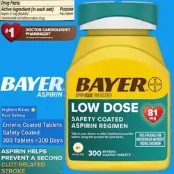 Bayer Aspirin Low Dose 81 mg, Enteric Coated Tablets, Doctor Recommended, Secondary Prevention of Cardiovascular Disease, 300 Safety Coated Tablets aspirin 
