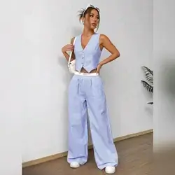 Flirla 2pcs Women's Striped Top and Pants Set - Medium