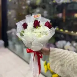 3 Red Rose & White Flowers