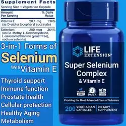 Super Selenium Complex, 200 mcg, 3 Forms, Vitamin E, Thyroid, Cellular Health, Longevity, Immunity, Prostate, Metabolism, Selenium, Selenium Complex, 1 Daily, 200 Caps Selenium