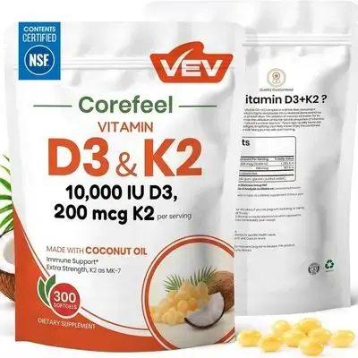 Vev, Corefeel, Vitamin D3 10.000, K2 MK-7 200mcg, made with Coconut oil, D3 K2, 300 days supply, 300 Softgels D3 K2 