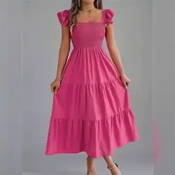 Fuchsia Elegant Solid Color Casual Frill Trim Camisole Slip Dress- Small