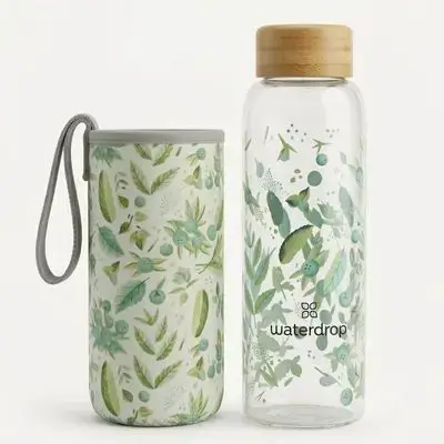 Waterdrop Glass Bottle with Neoprene Sleeve – Botanical Green – 400ml