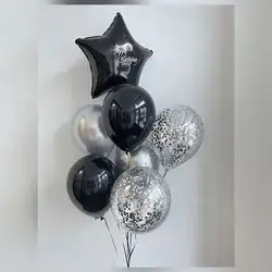 Black & Silver Star & Standard & Transparent Helium Balloon Group – 7 Balloons