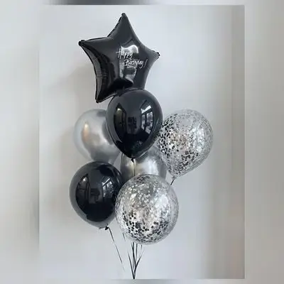 Black & Silver Star & Standard & Transparent Helium Balloon Group – 7 Balloons