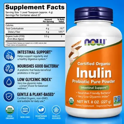 NOW Supplements, Inulin, Prebiotic, Pure Powder, Certified Organic, Intestinal Support, Feeds Good Bacteria in Colon, prebiotic fiber, Colon cell lining, 227g Inulin 