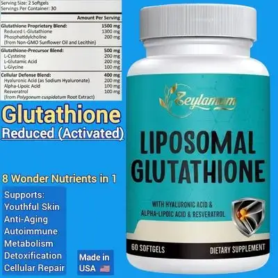 Liposomal Glutathione, 2400 MG, Glutathione, Max Absorption 98%, Active Form L-Glutathione Reduced (GSH), with Hyaluronic Acid, Resveratrol, Alpha Lipoic Acid, Glycine, Master Antioxidant, Brain, Immunity, Anti aging, Skin Beauty, 60 Softgel glutathione 