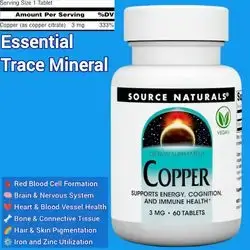 Source Naurals Copper, Copper Citrate, Copper, Supports Energy, Cognition, Immune Health, premature Grey Hair, Iron Absorption, balanced Zinc Levels, 3 mg, hair loss, 60 Tablets copper