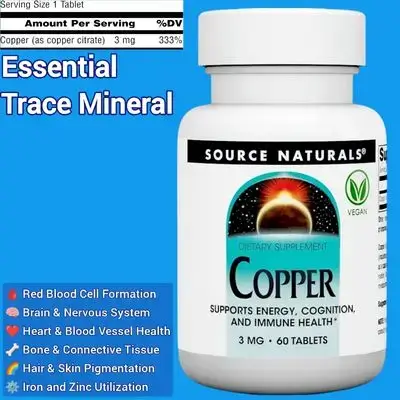 Source Naurals Copper, Copper Citrate, Copper, Supports Energy, Cognition, Immune Health, premature Grey Hair, Iron Absorption, balanced Zinc Levels, 3 mg, hair loss, 60 Tablets copper