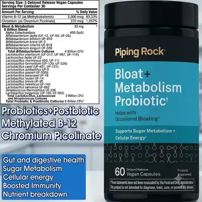 Probiotics, Postbiotics, probiotic for Bloat and Metabolism, Probiotic and Postbiotic, Vitamin B12, Methyl B12, Chromium Picolinate, Bloating Relief Formula, Sugar & Cellular Energy Support, Women and Men, 60 Capsules Probiotics 