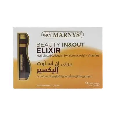 Beauty In & Out Elixir Hydrolyzed Collagen+ Hyaluronic Acid + Vitamins 14 Vials * 25ml _ MARNYS
