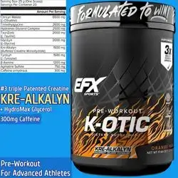 EFX Sports K-OTIC Pre Workout, Kre-Alkalyn Creatine, Hydromax Glycerol, 300mg Caffeine + Full-Spectrum Amplifiers, Preworkout, Orange Mango Flavor, 500g Preworkout