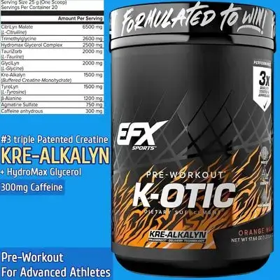EFX Sports K-OTIC Pre Workout, Kre-Alkalyn Creatine, Hydromax Glycerol, 300mg Caffeine + Full-Spectrum Amplifiers, Preworkout, Orange Mango Flavor, 500g Preworkout