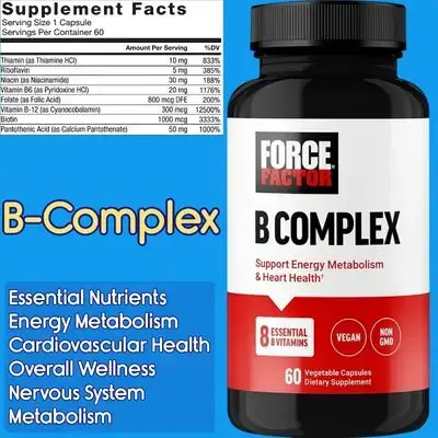Force Factor, Vitamin B Complex, B Complex, to Support Energy, Vitality & Heart Health, Vitamin B1, Vitamin B2, Vitamin B3, Vitamin B6, Vitamin B12, 60 Capsules B Complex