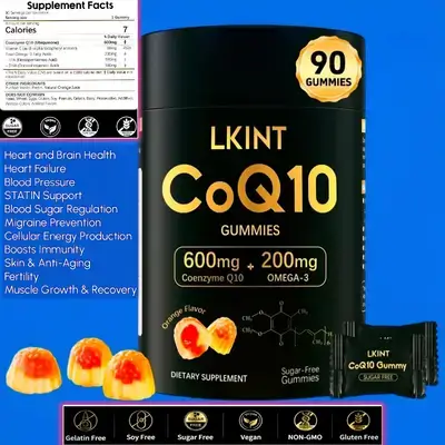 Coenzyme Q10, 600MG Gummies for Heart Health, brain, fertility, exercise, Energy, Antioxidant Support with Omega 3, Vitamin E, Coenzyme Q10 , Orange Flavor, 90 Count Q10