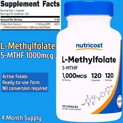 Nutricost, L MethylFolate 5-MTHF, 1000mcg, Folate, Active form of Vitamin B9, Methyl Folate, cardiovascular health, Homocysteine reduction, DNA & Cell Formation, 120 Caps Folate 