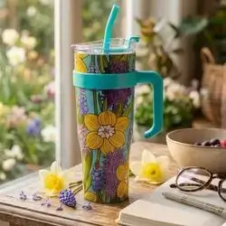staninless steel floral tumbler with handle