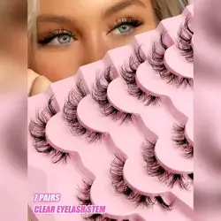 Asiteo 7 Pairs Fluffy & Dense Cat Eye Transparent Handle False Eyelashes