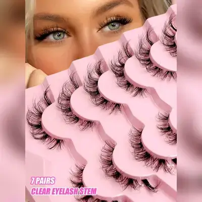 Asiteo 7 Pairs Fluffy & Dense Cat Eye Transparent Handle False Eyelashes