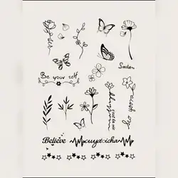 STARTTOOS 1sheet Black Minimalist Flower, Plant, Butterfly, Star Pattern Temporary Tattoo Sticker For Finger, Wrist, Body