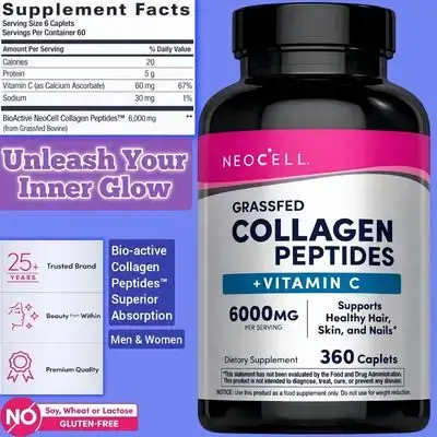 Collagen Peptides, with Vitamin C, Grass-Fed Biovine Collagen Peptides, Bioactive Form, Superior Absorption, Women and Men, Original USA Made, 360 Caplets collagen