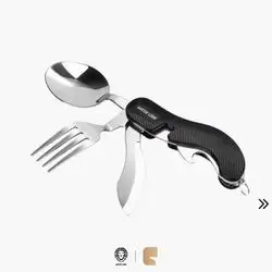 Green Lion 4-in-1 Compact Outdoor Cutlery Set Stainless Steel Spoon, Fork, Knife & Bottle Opener - Black