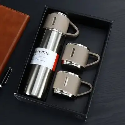 Het Double Wall Stainless Steel Thermo 500ml Vacuum Insulated Bottle Water Flask Set With Two Cups Hot & Cold | Diwali Gift for Employees | Corporate Items (Multicolor-6)