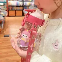Pink Plastic Water Bottle With Strap, Mermaid Pattern, 2-Way Drinking Cup With Straw