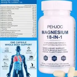 18-in-1 Magnesium Complex, Magnesium Glycinate, L-Threonate, Malate & Taurate, Gaba, Active form of B6 (P5P), CoQ10, Vitamin D3, L Threanine, Gentle Formula for Focus, Sleep, Muscle, Bone & Heart, 120 Capsules magnesium