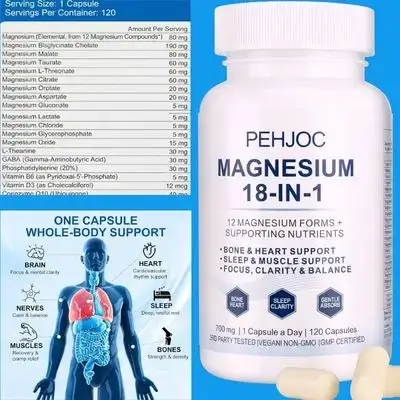 18-in-1 Magnesium Complex, Magnesium Glycinate, L-Threonate, Malate & Taurate, Gaba, Active form of B6 (P5P), CoQ10, Vitamin D3, L Threanine, Gentle Formula for Focus, Sleep, Muscle, Bone & Heart, 120 Capsules magnesium