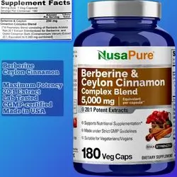 Berberine with Ceylon Cinnamon Complex 5000mg, 20:1 Extract, Berberine, Cinnamon, Ceylon Cinnamon, weight loss and management, blood sugar, Triglycerides, metabolism, appetite control, 180 Caps berberine