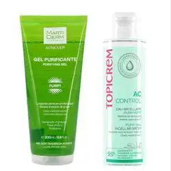 Topicrem AC Purifying Micellar Water 200 ml & Martiderm Acniover Purifying Gel Deep-cleanses Pores Eliminates Excess Oil (For Acne-prone Skin) 200ml