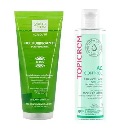 Topicrem AC Purifying Micellar Water 200 ml & Martiderm Acniover Purifying Gel Deep-cleanses Pores Eliminates Excess Oil (For Acne-prone Skin) 200ml
