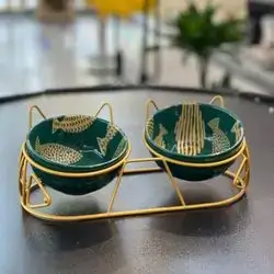 Double Ceramic Cat Bowls For Food & Water With Metal Stand
