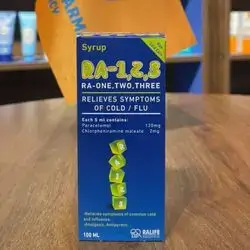 ra-1,2,3 relieves symptoms of cold/flu each 5ml contain ; paracetamol 120mg , chlorpheniramine maleate 2mg 100ml
