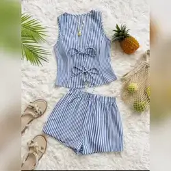 Soleia Women's Vacation Style Fresh Macaron Blue & White 2pcs Set - Small