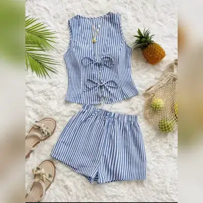 Soleia Women's Vacation Style Fresh Macaron Blue & White 2pcs Set - Small