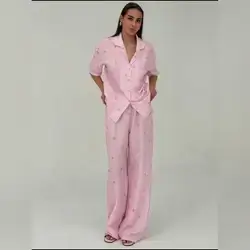 Aloruh Elegant Cute Striped Bow Print Simple Pajama - Tall Medium 