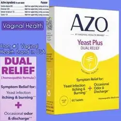 AZO Yeast Plus Dual Homeopathic Yeast Infection Symptom Relief for Women, Vaginal Itching & Burning + Odor & Discharge, Intimate Health , from the #1 Vaginal Health Brand, Vaginal health, 60 Tablets