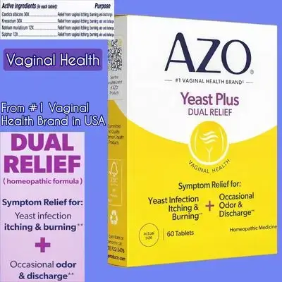 AZO Yeast Plus Dual Homeopathic Yeast Infection Symptom Relief for Women, Vaginal Itching & Burning + Odor & Discharge, Intimate Health , from the #1 Vaginal Health Brand, Vaginal health, 60 Tablets
