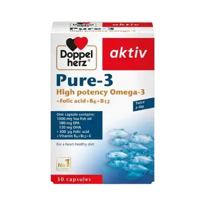 Pure-3 High Potency Omega 3+ Folic Acid+ B6+ B12 30 Capsules _ Doppel herz