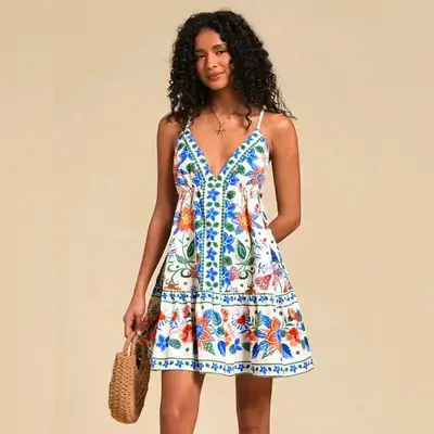 Travachic White Floral Tropical Printed Short Dress - Small
