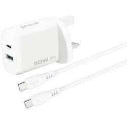 Proove Wall Charger Silicone Power 2 30W (Type-C + USB) + Cable Type-C to Type-C 60W (1m) UK white