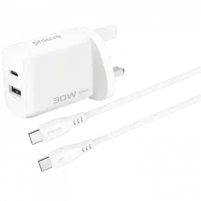 Proove Wall Charger Silicone Power 2 30W (Type-C + USB) + Cable Type-C to Type-C 60W (1m) UK white