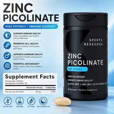Sports Research, Zinc Picolinate, 30mg, w/Organic Coconut Oil, High Potency, Zinc, Healthy Immune & Enzyme Function, Tested & Gluten-Free, 90 Softgels zinc picolinate 