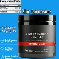 Zinc Carnosine, 1000mg Triple Blend Zinc Carnosine, Ultra High Strength, 150 mg Zinc L-Carnosine, with L-Glutamine & Slippery Elm, Third-Party Tested, 60 Capsules Zinc Carnosine
